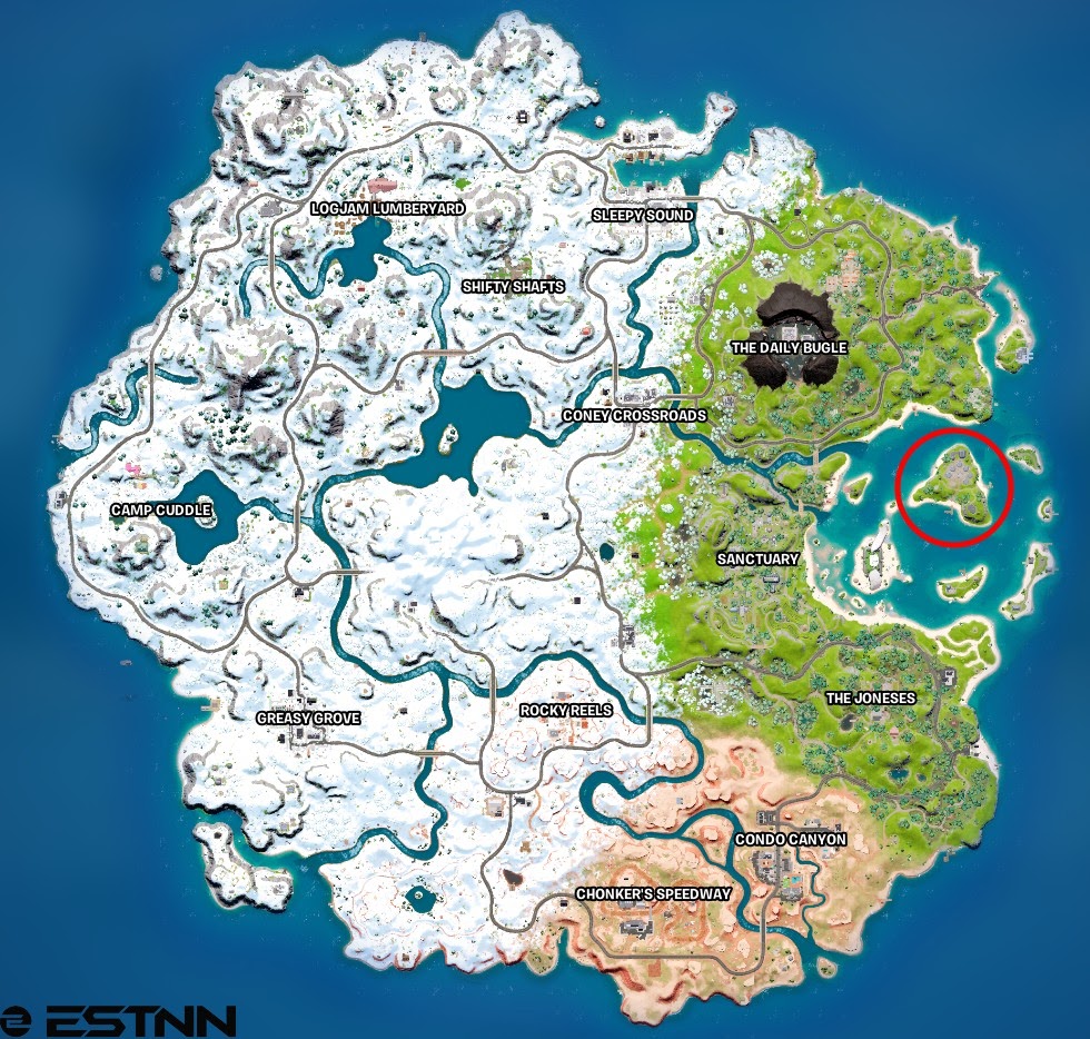 The Fortnite map in Chapter 3 showing the location of the Launchpad on an island off the coast