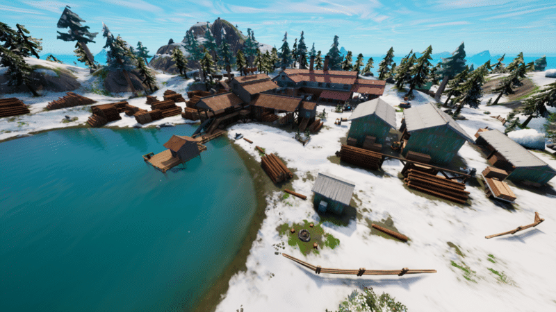 The Logjam Lumberyard sits on a lake, surrounded by pine trees
