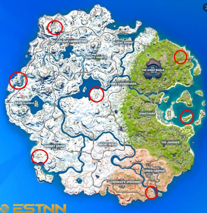 The Chapter 3 Season 1 map, with all Vault locations marked by a red circle