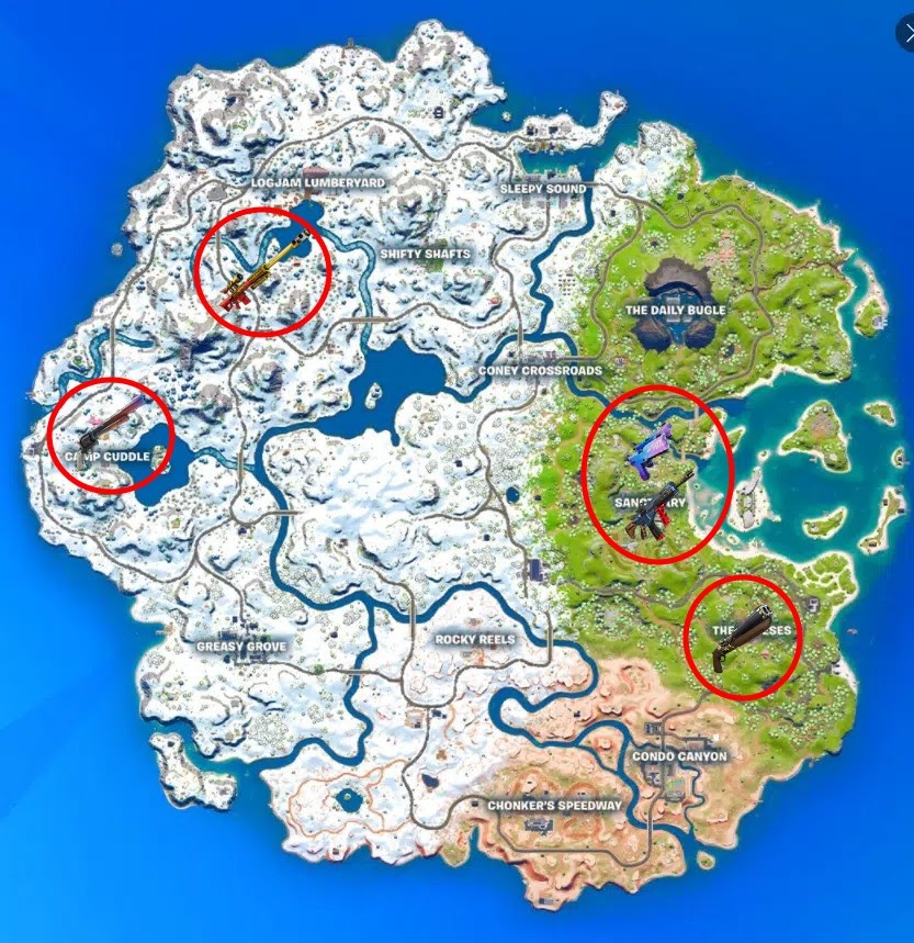 The Fortnite Chapter 3 Season 1 map, showing the location of new Exotic Weapons marked with red circles
