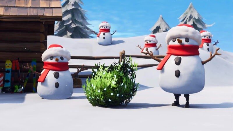 A group of Sneaky Snowmen frolic in the winter landscape