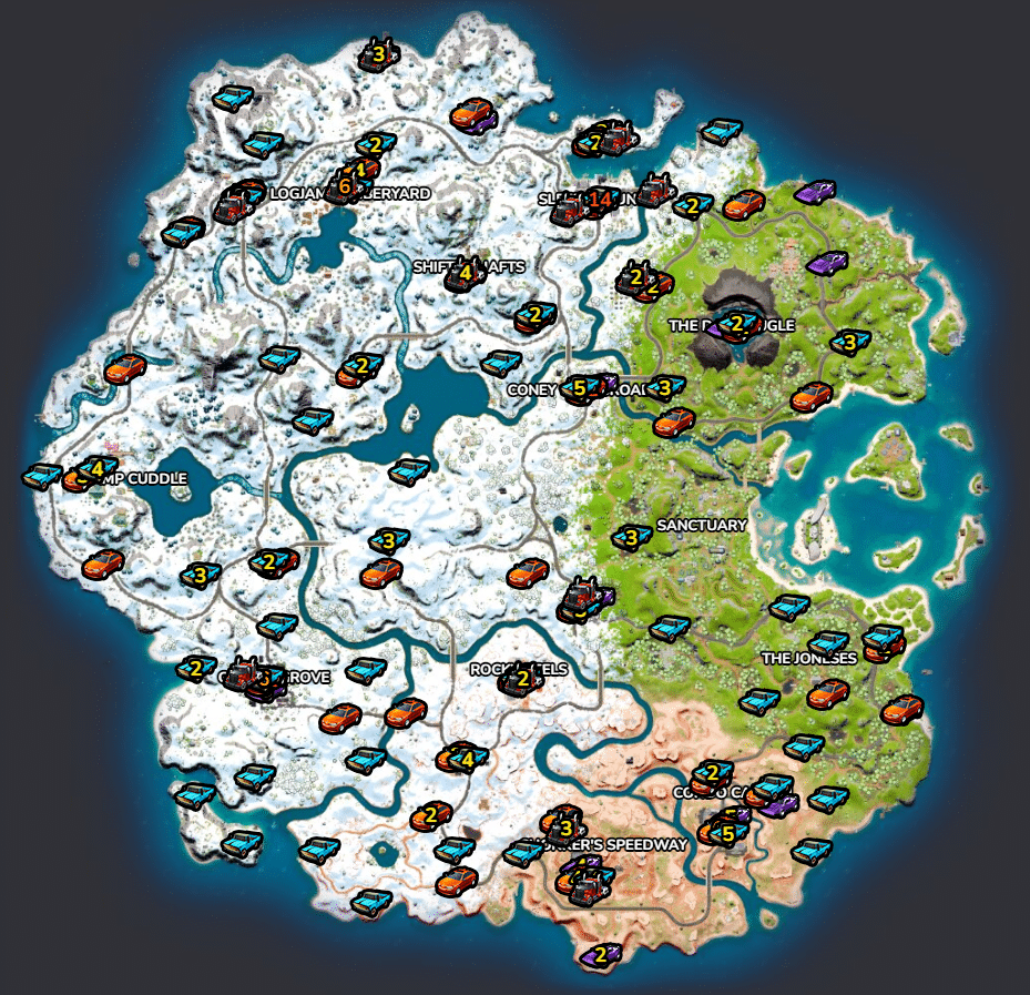 The Fortnite Chapter 3 map, showing the location of every available vehicle