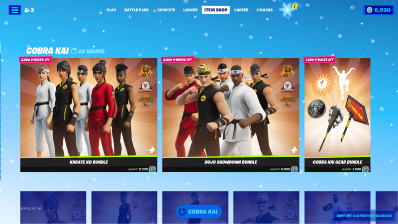 A screenshot of the Item Shop showing some of the new Cobra Kai crossover items available for purchase