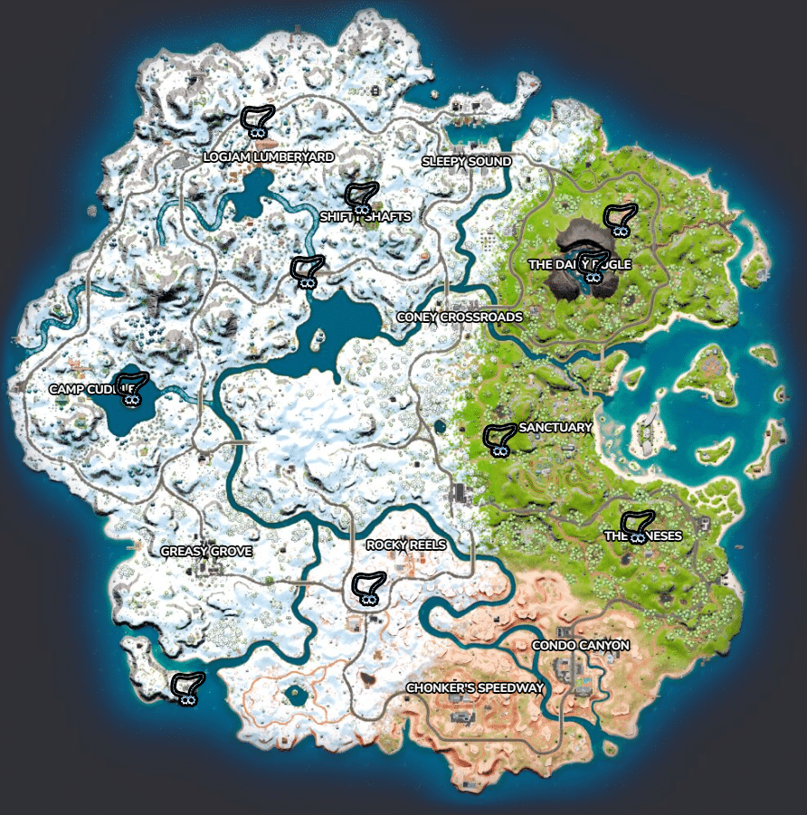 Fortnite's Chapter 3 map, showing all of the cog tags lying in their respective locations