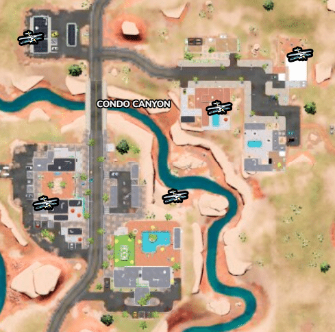 A close up of the POI Condo Canyon showing the locations of biplanes