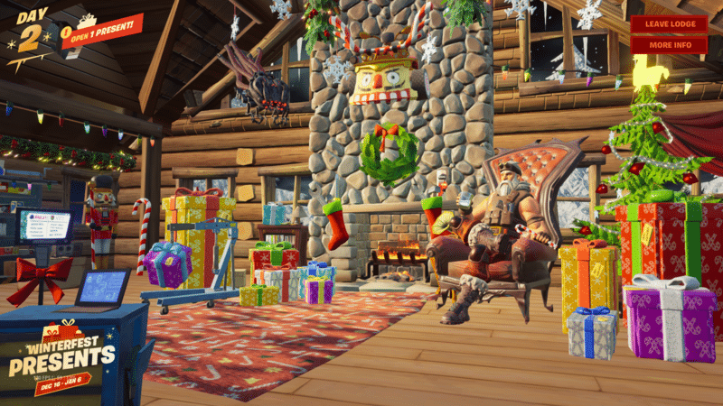 The cozy cabin, a toasty log cabin decorated with christmas tree and presents and the yule log