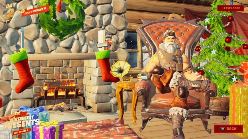Sgt Winter sits on his chair next to the yule log inside the cozy cabin 