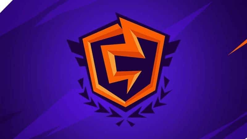 The FNCS logo, a stylized version of Fortnite's storm inside a shield, appears in black and orange against a purple background