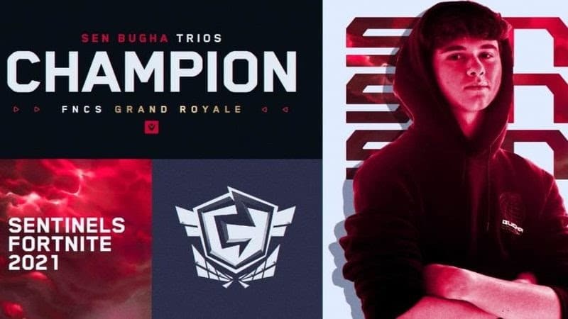 Fortnite World Champion Bugha stands with arms folded across his chest in his Sentinels hoodie. The word "Champion" appears beside him along with the FNCS logo