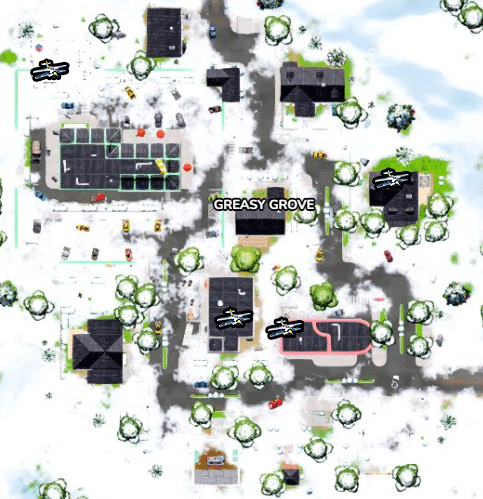 A close up of the POI Greasy Grove showing the locations of biplanes