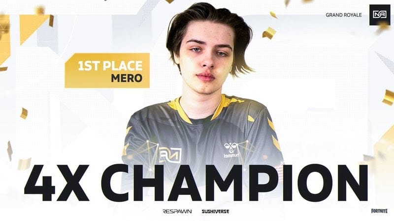 Fortnite player Mero appears in his Team New Age jersey with the words "4 X Champion" below him in bold black letters