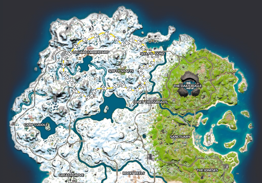 The map, showing Sgt Winters truck route through locations like Sleepy Sound and Logjam Lumberyard