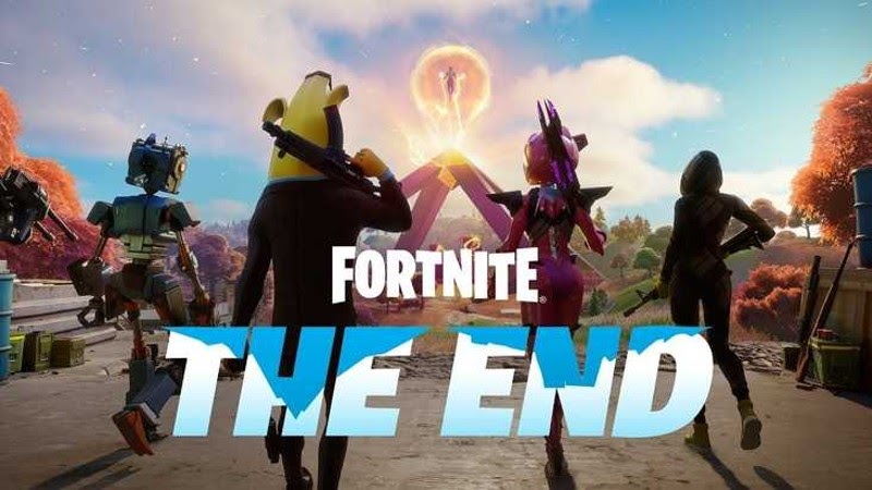 Fortnite characters walk along an empty road toward a blazing eye in the sky, the words "Fortnite Chapter 2 Finale The End" appear in blue and white at their feet
