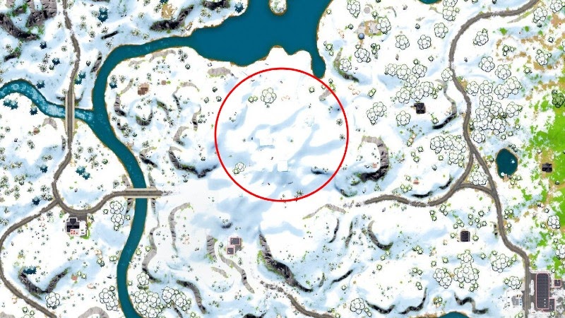 A teaser of the new Fortnite Chapter 3 map, showing a snow covered area with four distinct towers in the same location as the original Tilted Towers layout
