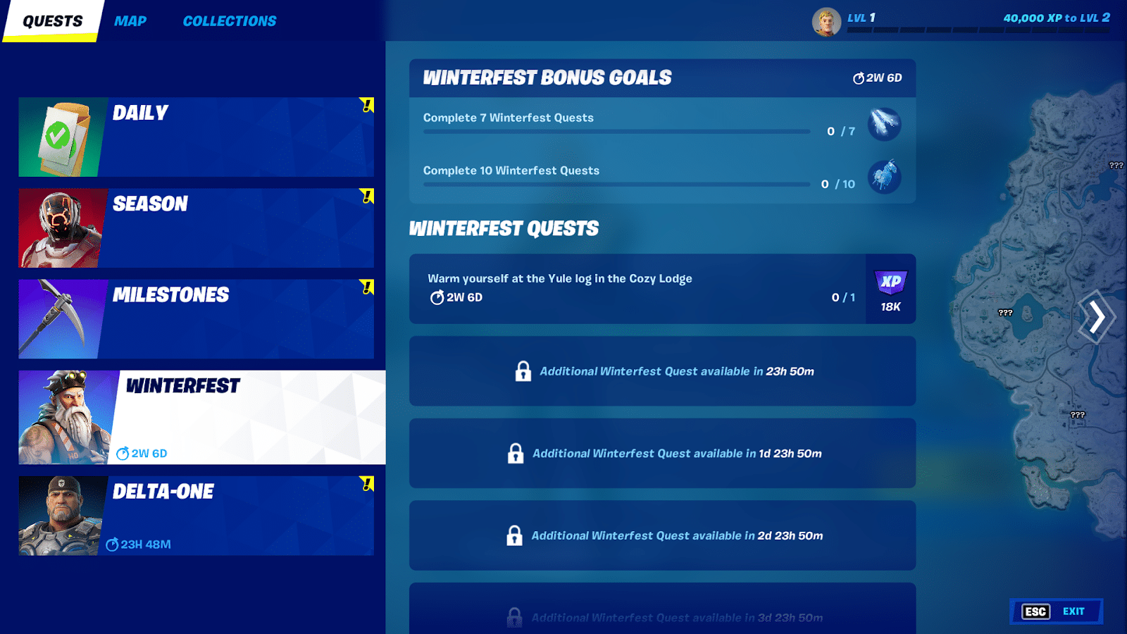 The in-game screen, showing the new quests available in Fortnite's Winterfest Event