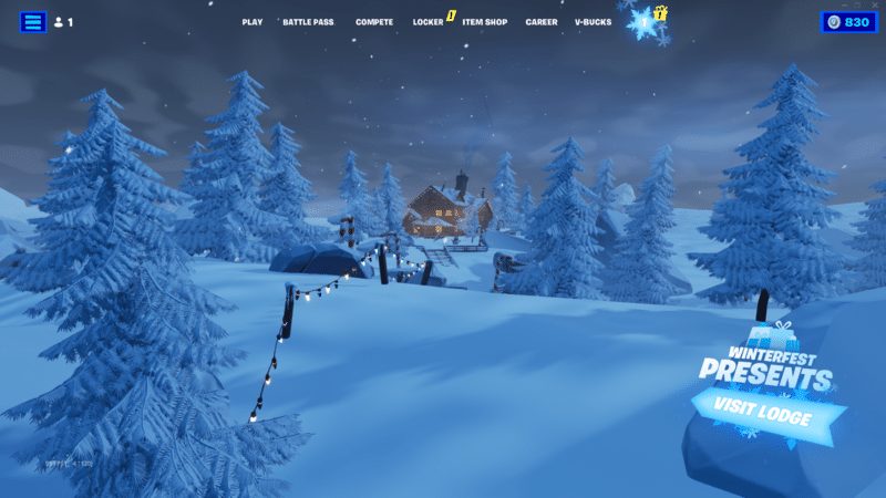 The loading screen during Winterfest shows a snow covered field under a bright, icy sky