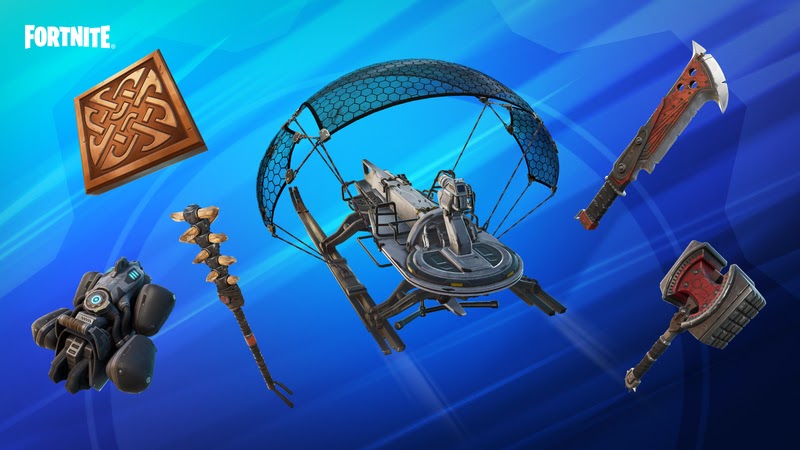 Some of the items available in the Delta-One Set including the Sonic Resonator Back Bling and Butcher Cleaver Pickaxe