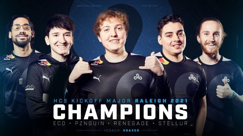 The roster for Cloud9 appear in their team jerseys, the word "Champions" appears below them in bold white letters