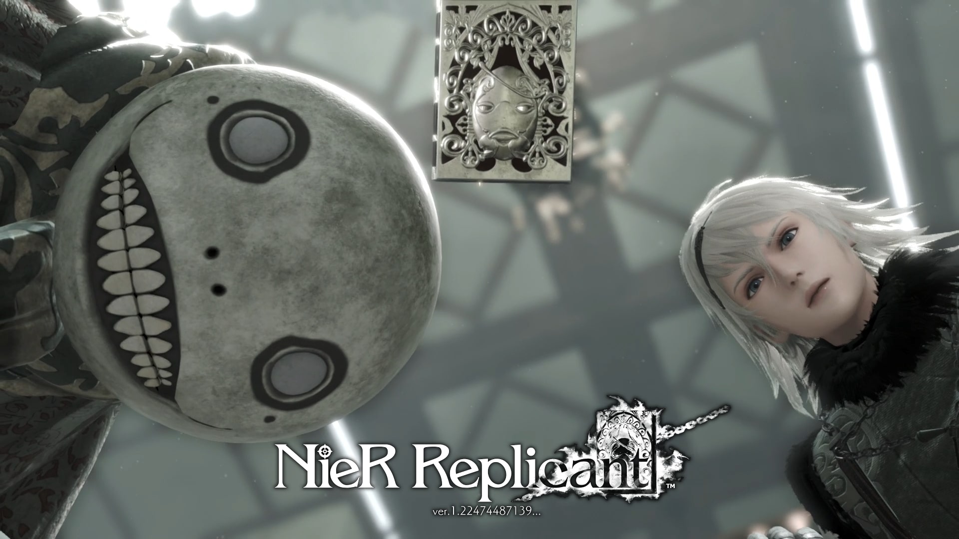 A promotional image for Nier Replicant ver.1.22474487139 showing the games characters, the white haired protagonist and a skeletal doll monster peering down toward at the viewer
