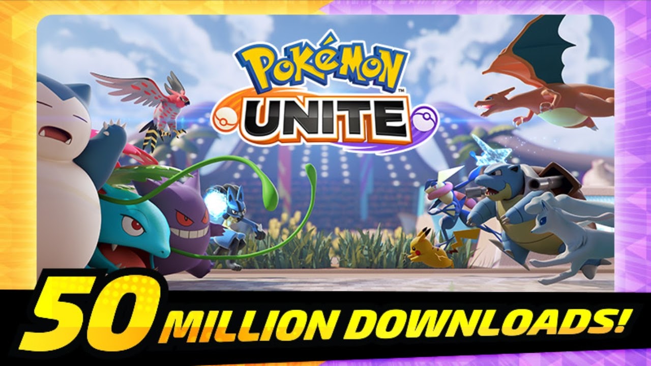 The Pokemon Unite logo appears, surrounded by various Pokemon including Snorlax, Charmander, Glaceon and Bulbasaur. Beneath it the words "50 Million Downloads" appears in bold gold letters