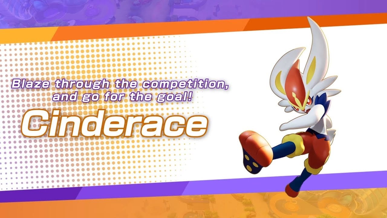 Cinderace the bipedal, rabbit Pokemon delivers a fly kick, beside them the words "Blaze through the competition and go for the goal" appear in white letters with a purple outline