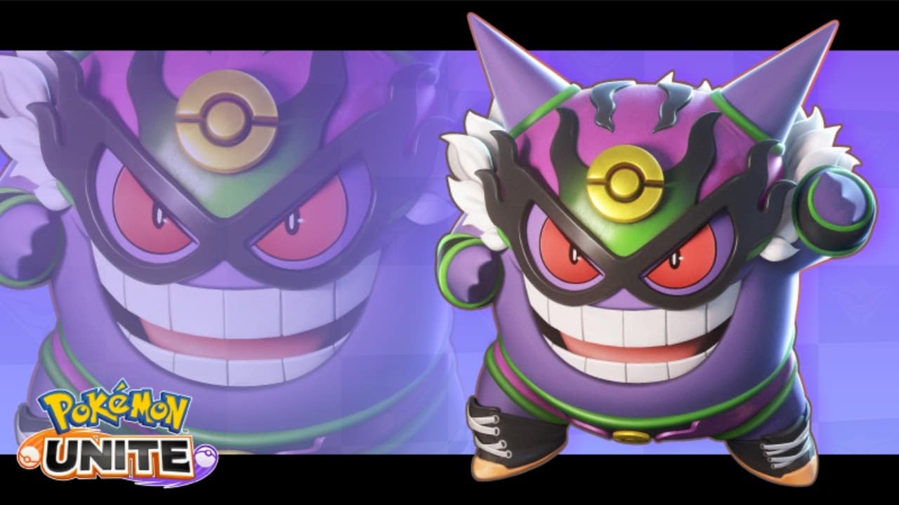 The shadow Pokemon, Gengar appears wearing a striped helmet and goggles