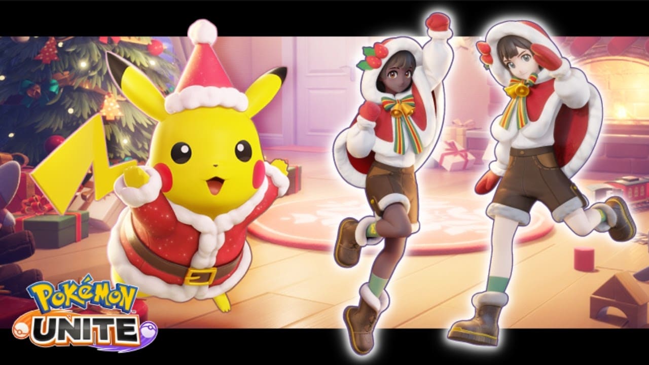 The Pokemon, Pikachu, appears in a red santa hat and christmas themed waistcoat along side two Trainers, also dressed in festive clothes
