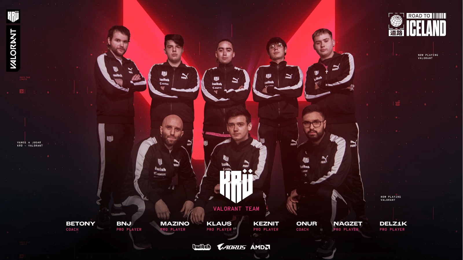 KRÜ Esports Valorant team pose together for a team photo in their jerseys.