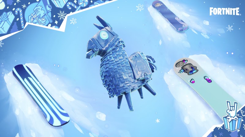 Some of the quest rewards available in Fortnite's Winterfest including the Snowmando Board Glider and Ffrosty Back Bling