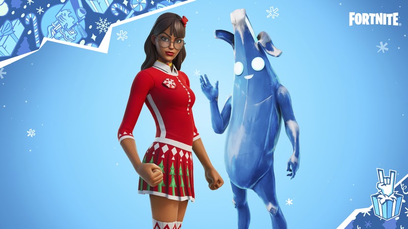 The Krisabelle skin, a red and white Christmas theme skirt and 3/4 length sweater and the Polar Peely skin, an icy version of the iconic Peely banana skin