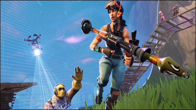 A Fortnite player armed with a rocket launcher races away from an enemy in the popular Battle Royale