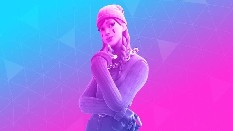 The Fortnite character skin, Aura, appears in a purple, blue and pink gradient overlay