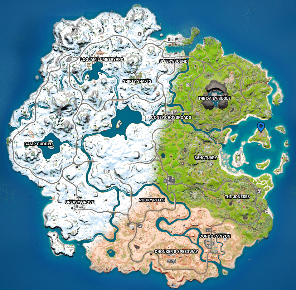 The Fortnite Chapter 3 map, showing the location of the Launchpad marked with a flag