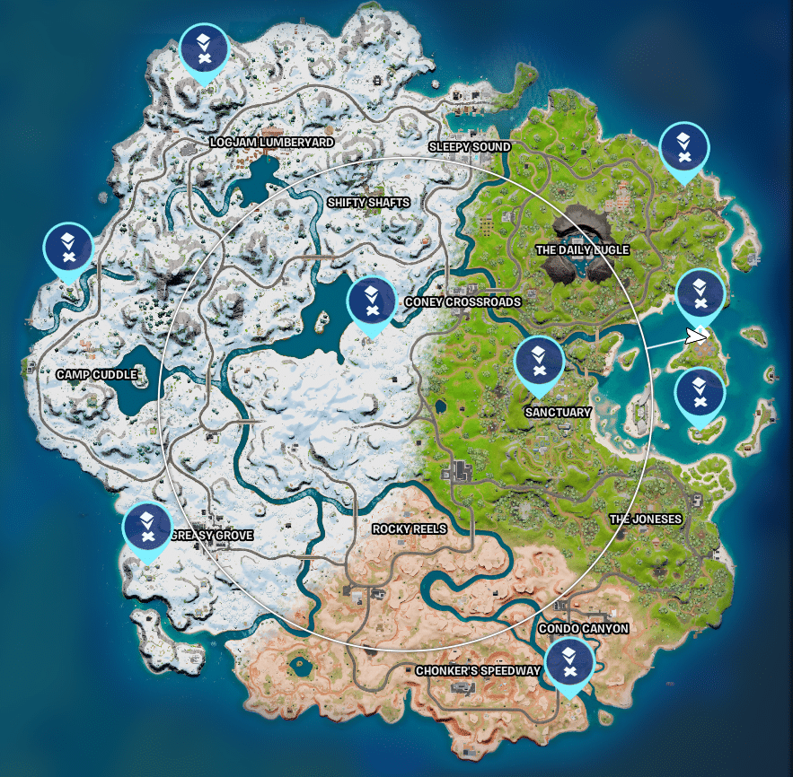 The Fortnite Chapter 3 map, showing the locations of Telescope Parts marked with information points