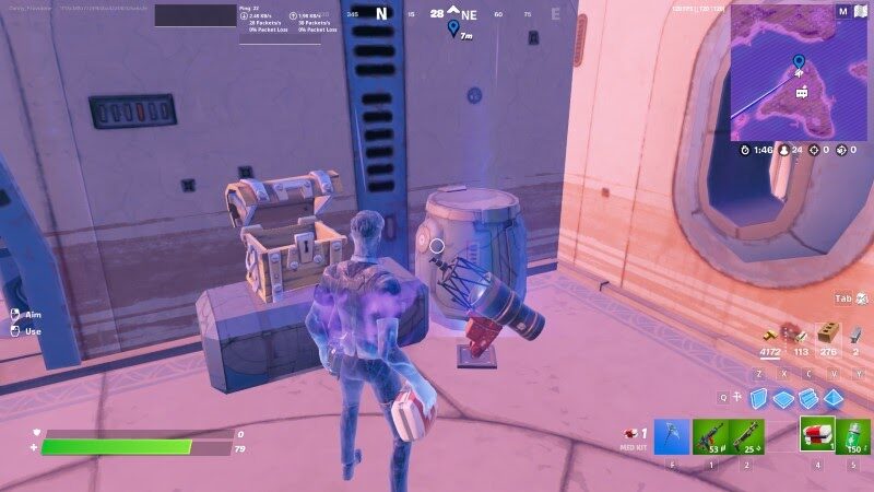 An in-game screen grab of a character searching for Telescope Parts in the latest Fortnite event