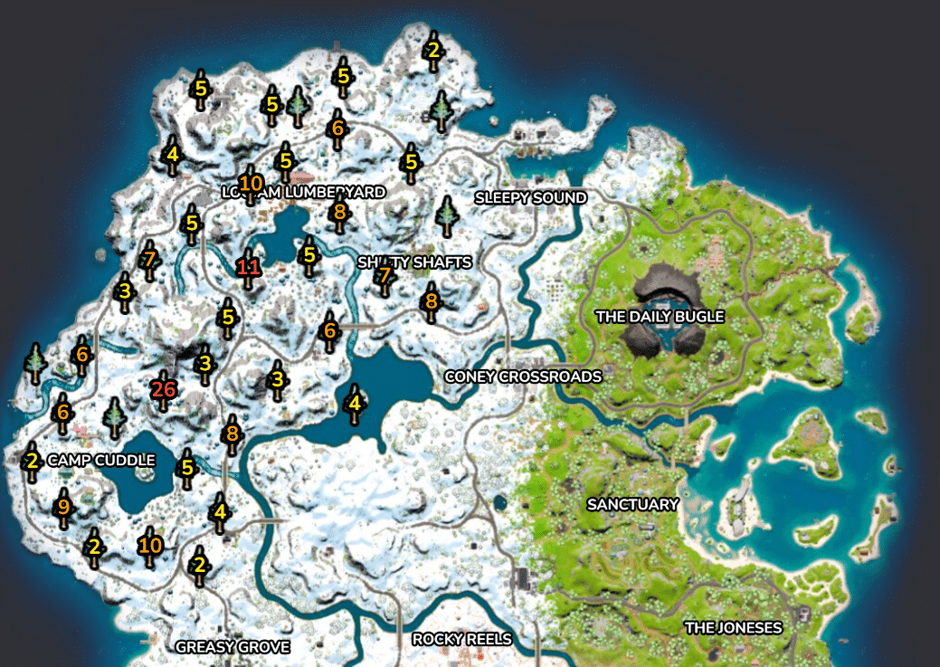 The Fortnite Chapter 3 map, showing the location of Timber Pines marked with tree symbols