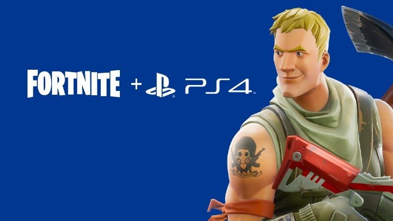 The Fortnite character Jonesy appears against a dark blue background alongside the Fortnite and PS4 logos