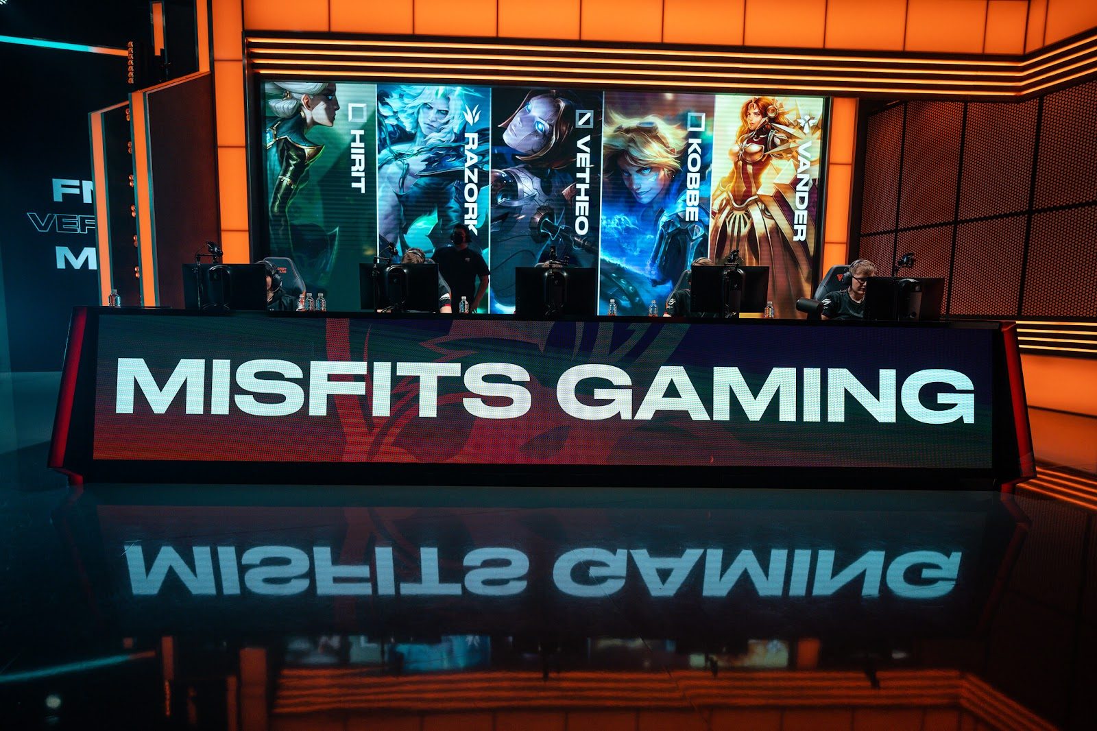 The LEC stage set up for a showdown, showing the Misfits Gaming side