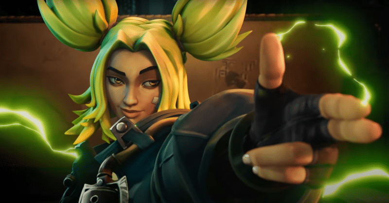 Zeri points toward the camera making a gun with her hand as electricity crackles around her body