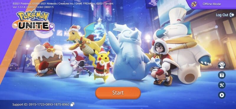 The loading screen for Pokemon Unite showing the "offline mode" function active in the top left corner of the screen