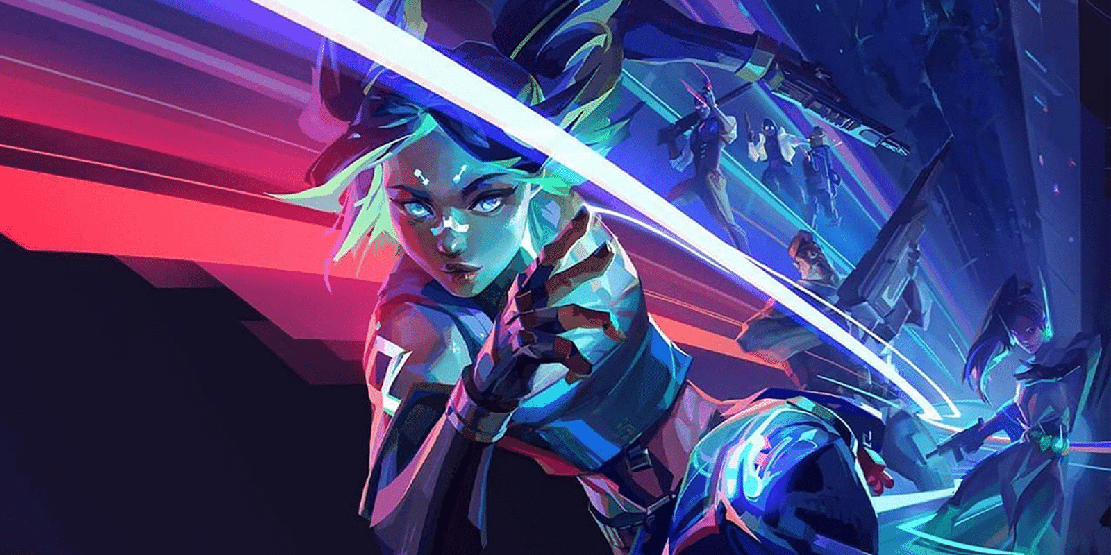The new Valorant agent, Neon, featuring her sprinting ahead of the other Valorant agents