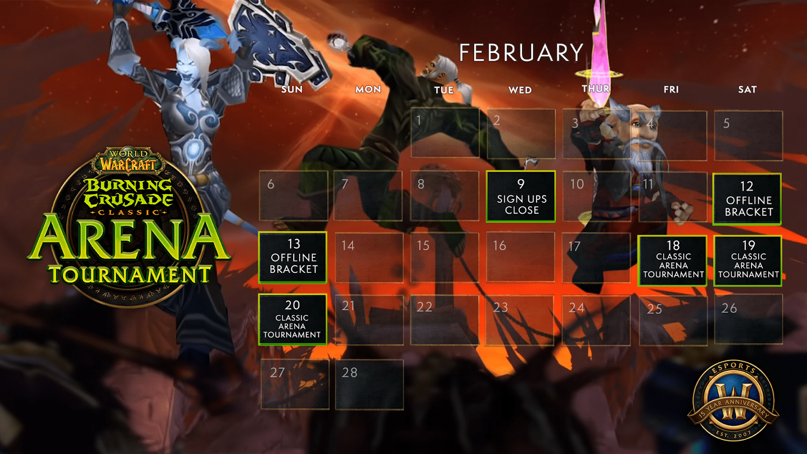 The calendar for February arena tournaments showing sign up close on Feb 9 and the offline bracket beginning Feb 12