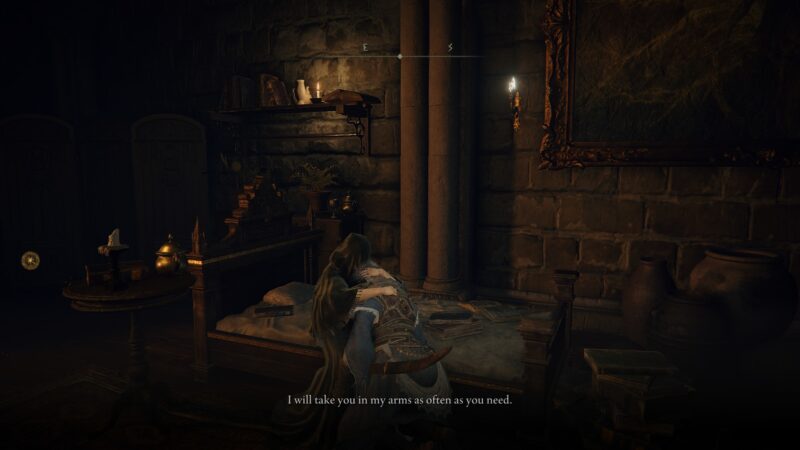 The player character and one of the game's maidens embrace 