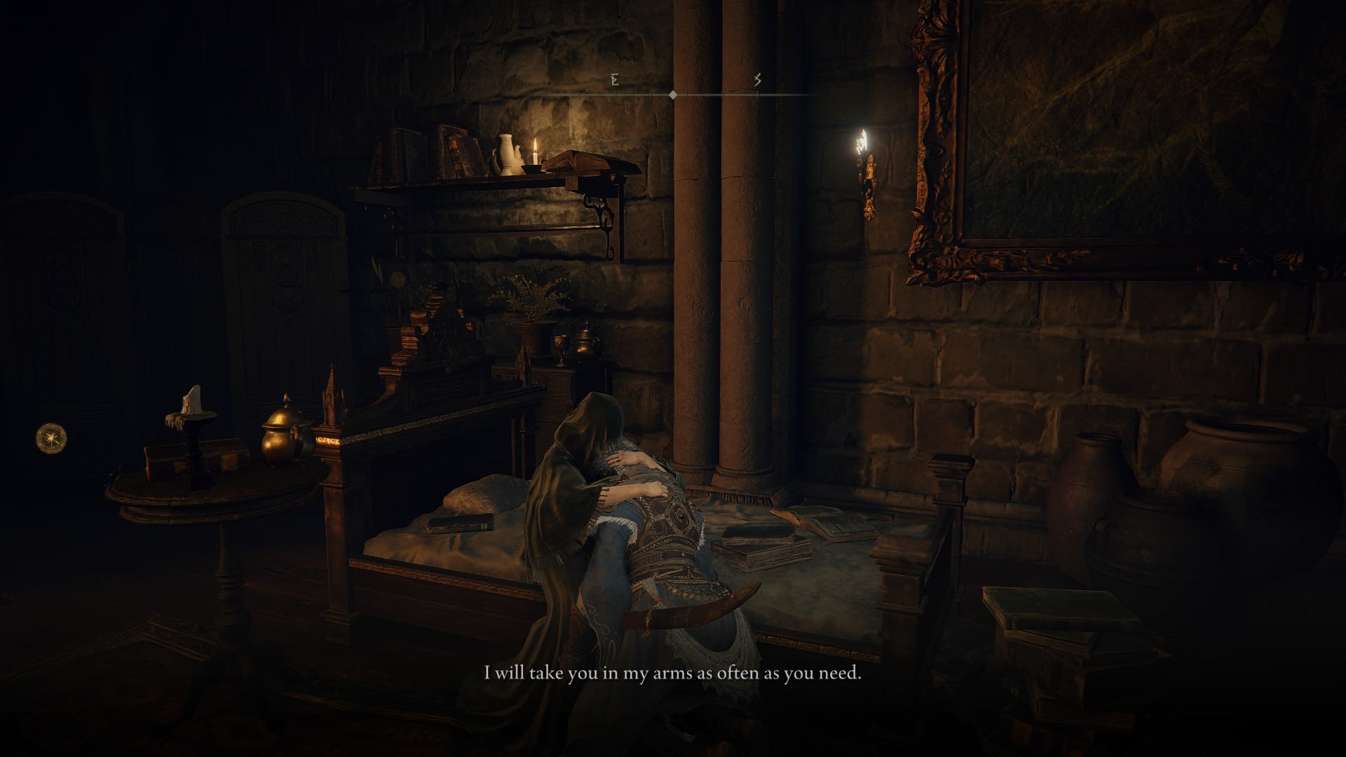 The player character and one of the game's maidens embrace 