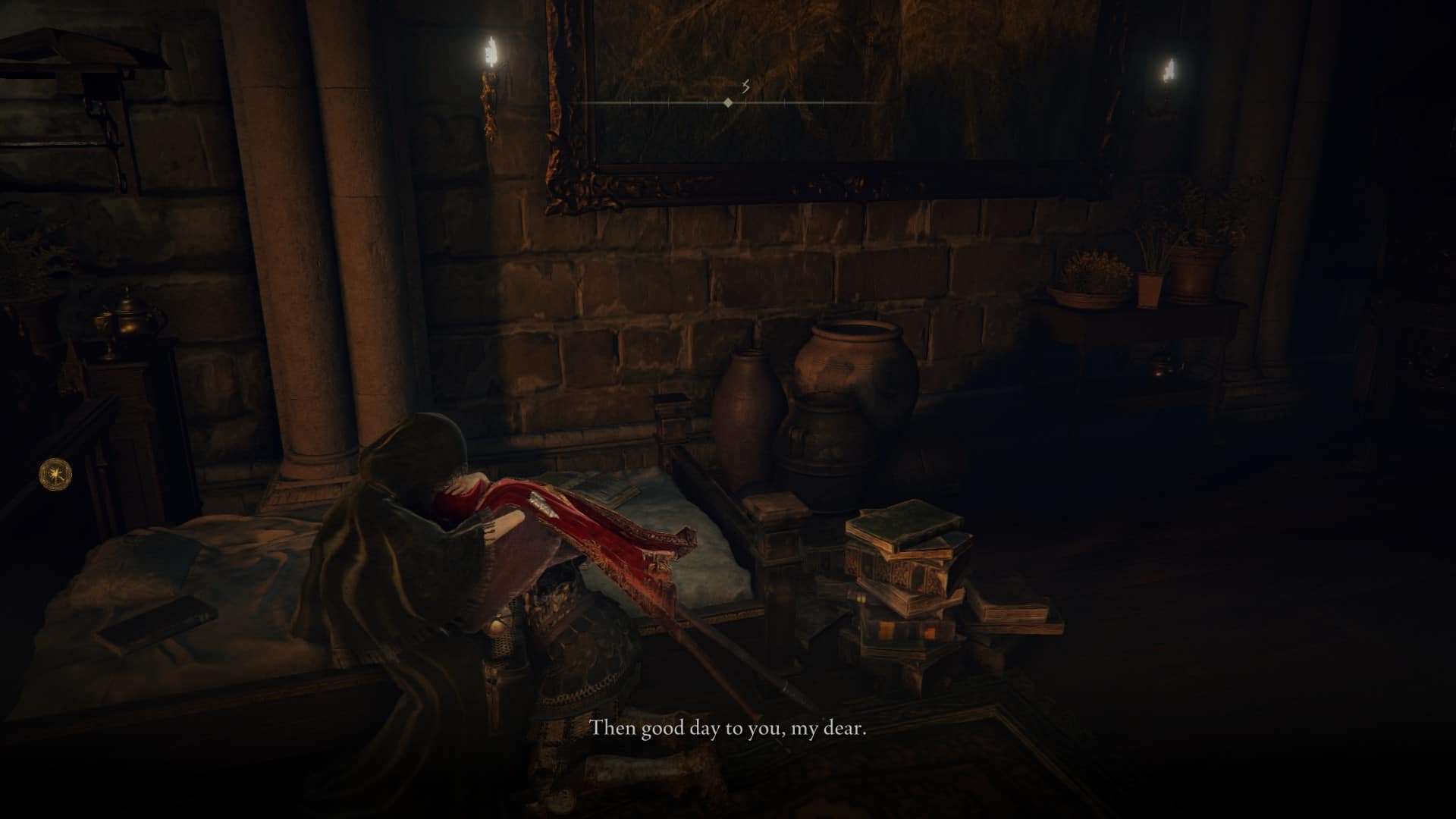 A player character in Elden Ring enjoys the company of a maiden and comfort of an inn room