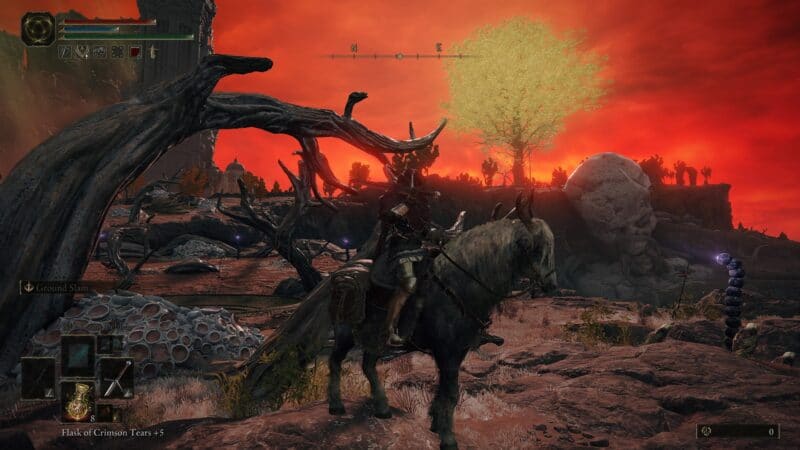 An Elden Ring character on horseback rides through a desolate landscape under a blood red sky
