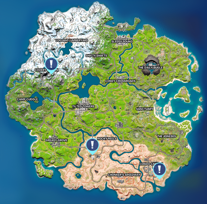 The Fortnite map showing the locations of NPC's Mancake, Ronin and Shanta marked with an exclamation point
