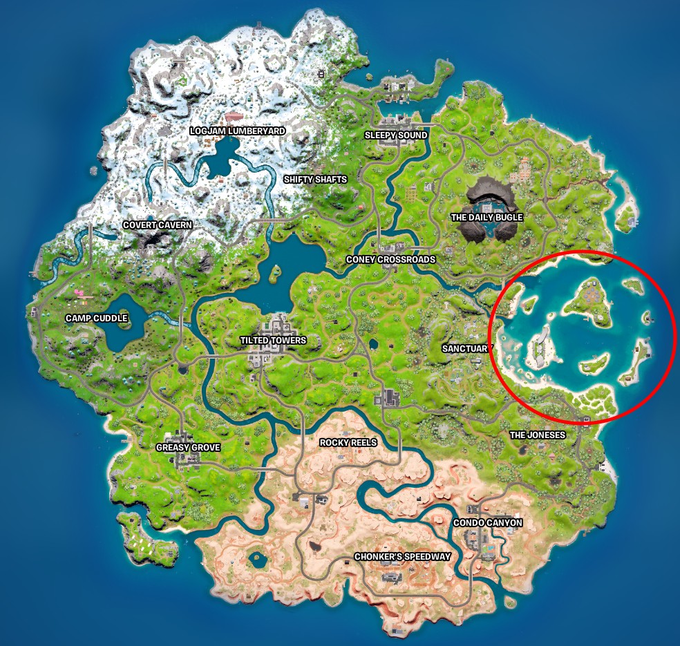 The Fortnite map showing Drake's Map Location marked with a red circle