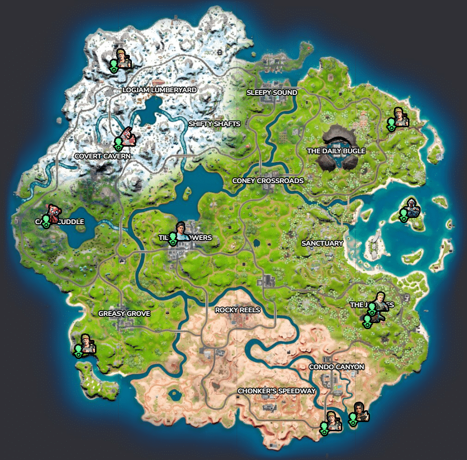 The Fortnite Chapter 3 map, showing the locations of NPCs marked with an icon