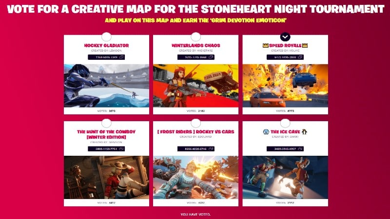 Creative Maps for the Stoneheart Night Tournament, part of Fortnite's Stoneheart Trials
